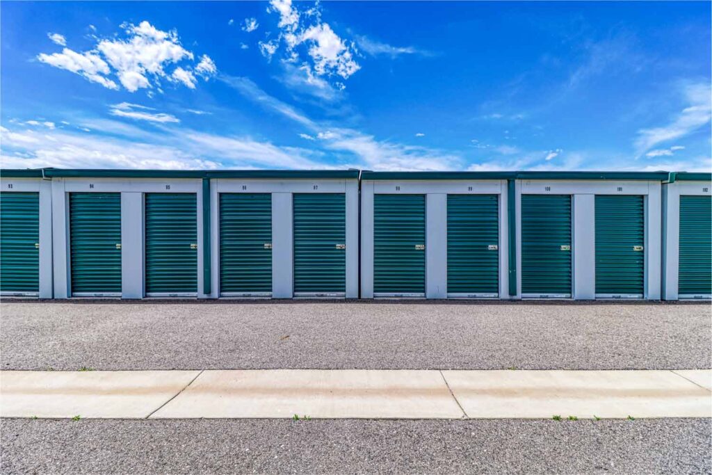 Image of drive up storage units, outside.