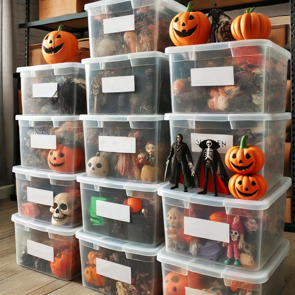 Halloween decorations on storage containers after halloween.