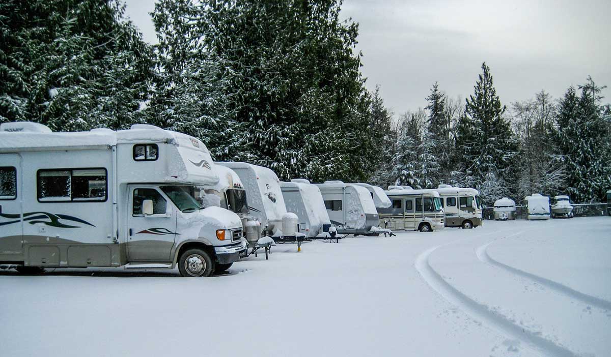 RVs parked during a winter storm.