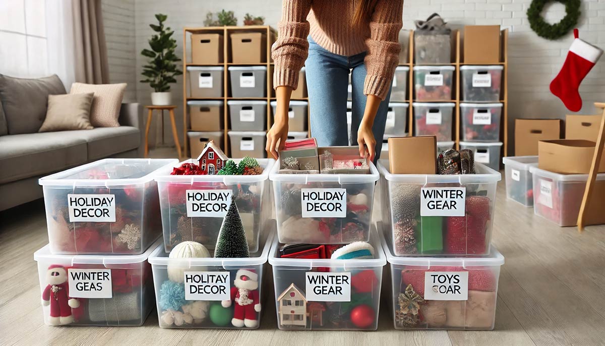 woman putting away holiday decorations for storage.