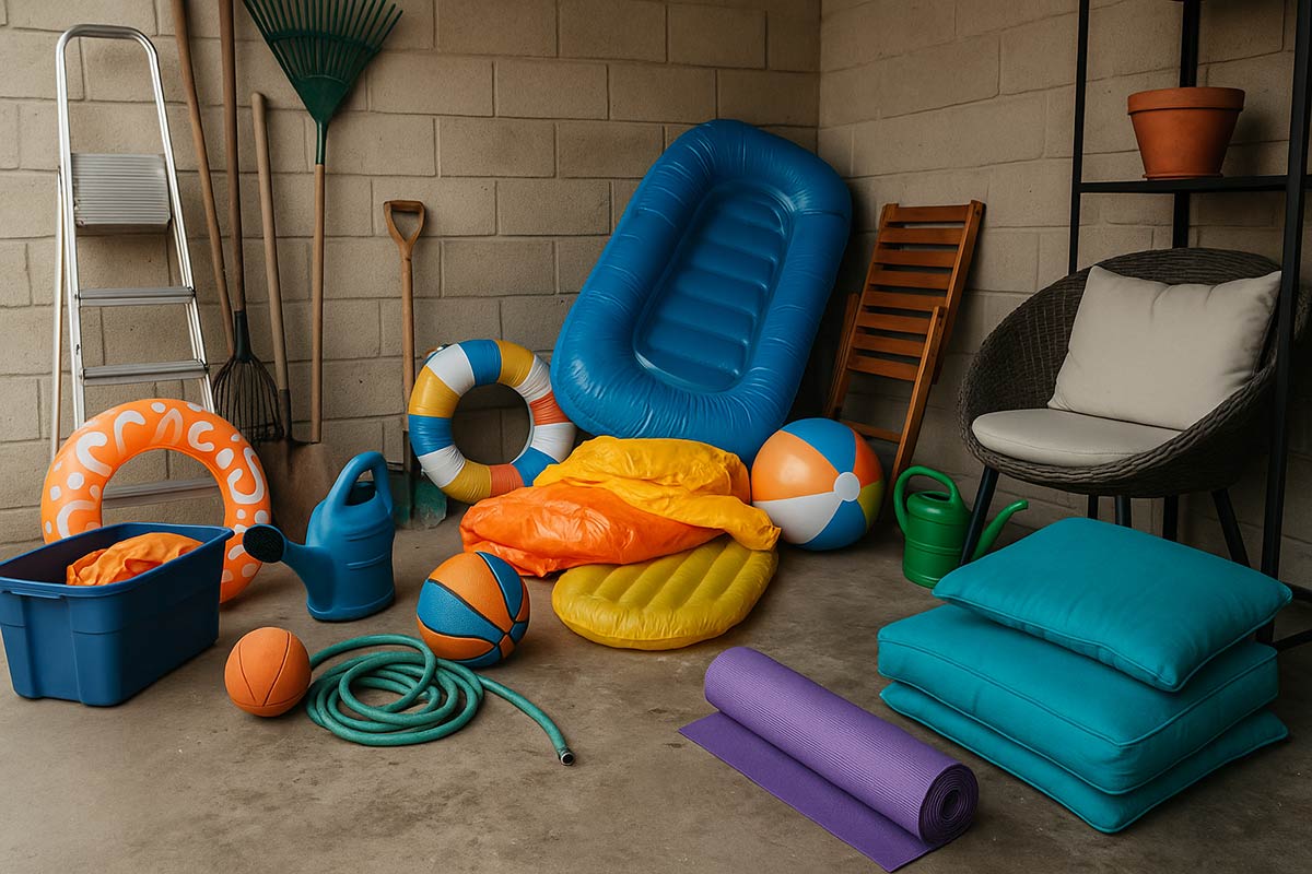 Poolside prep, a garge full of seasonal pool items.
