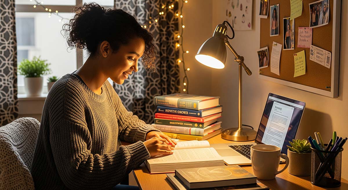 organized desk while studying.