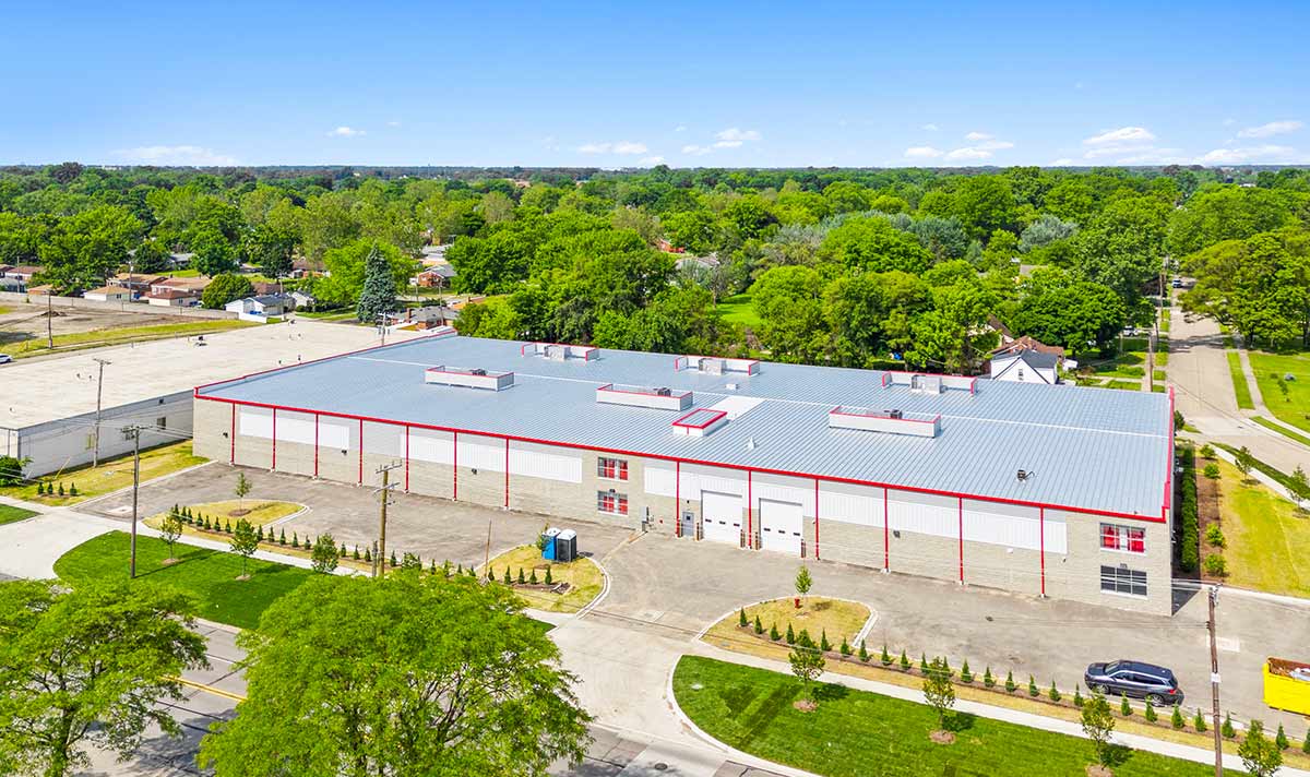 Aerial view of the modern MyPlace Self Storage facility on Ryan Rd in Warren, Michigan.