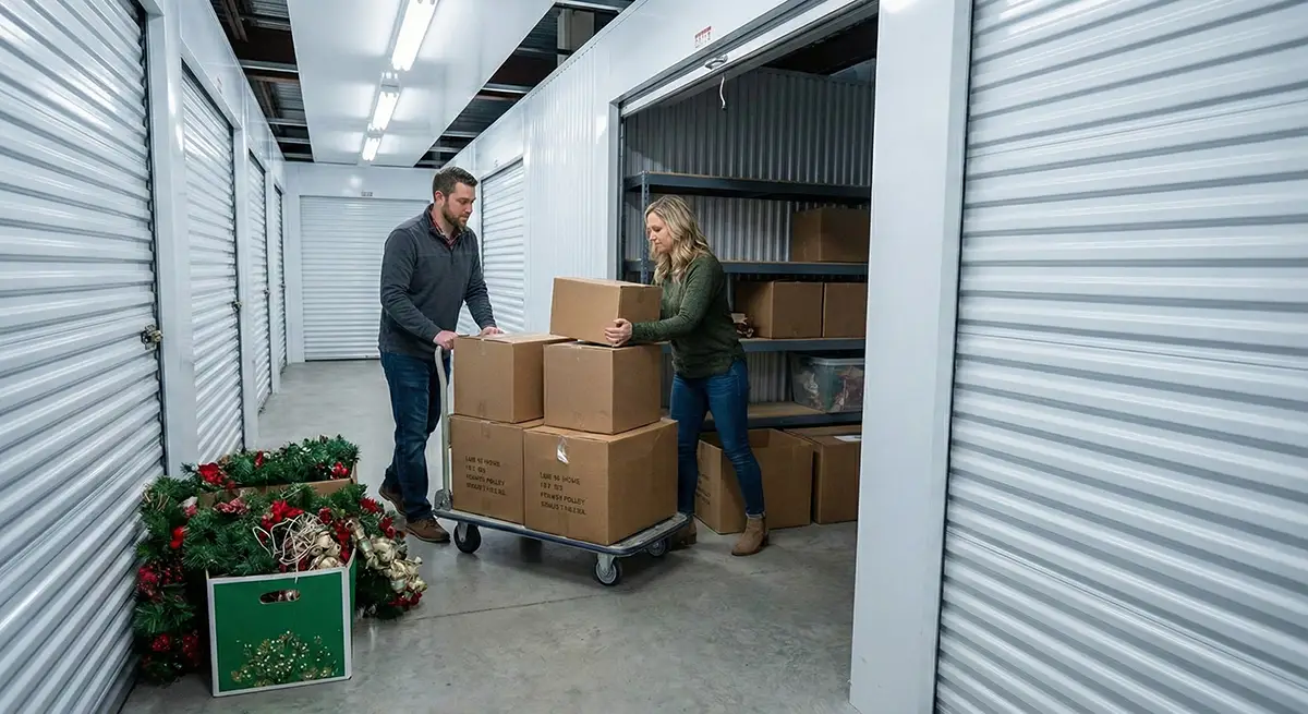 A couple loading holiday decorations and storage boxes onto a handcart in a clean, indoor climate-controlled storage unit hallway.