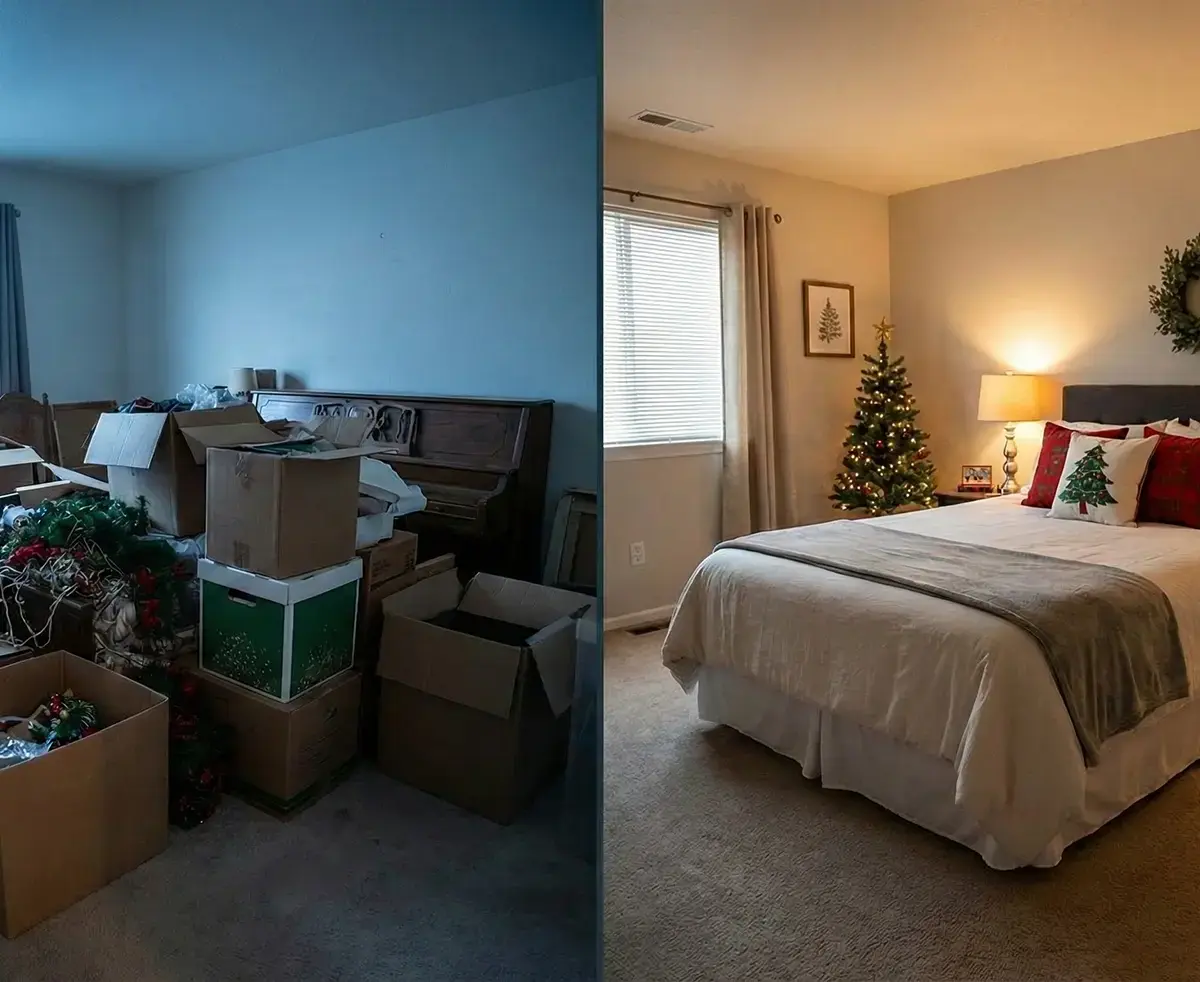 A side-by-side comparison showing a bedroom before and after cleaning, transformed from a cluttered storage space into a cozy holiday guest room.