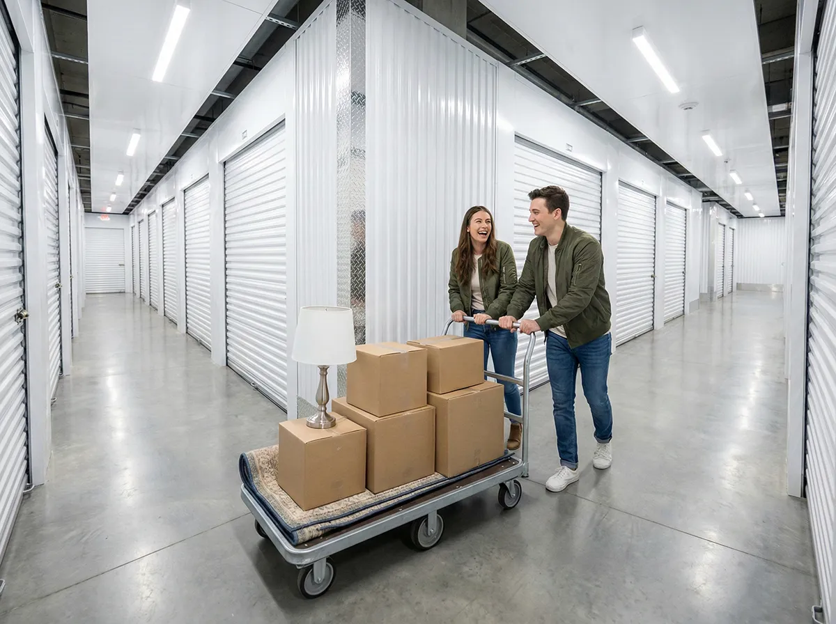 Happy couple pushing a flatbed cart loaded with boxes and a lamp down a bright, climate-controlled storage hallway, illustrating a stress-free move.